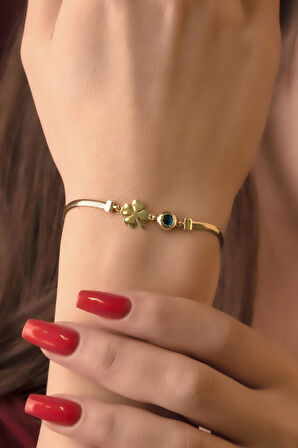 14 Ayar Altın Şans Yoncası ve Göz Detaylı İtalyan Balıksırtı Bileklik