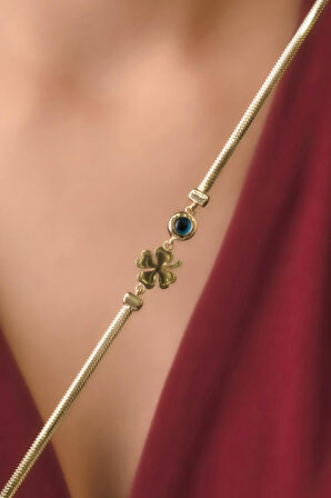 14 Ayar Altın Şans Yoncası ve Göz Detaylı İtalyan Balıksırtı Bileklik