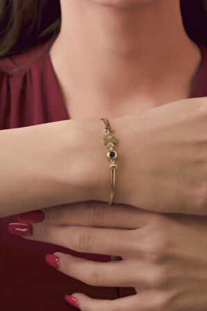 14 Ayar Altın Taşlı Şans Yoncası ve Göz Detaylı İtalyan Balıksırtı Bileklik