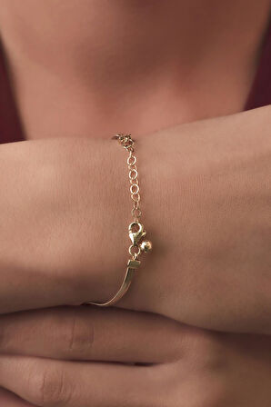 14 Ayar Altın Taşlı Şans Yoncası ve Göz Detaylı İtalyan Balıksırtı Bileklik