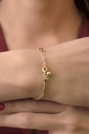 14 Ayar Altın Kalp ve Göz Detaylı İtalyan Balıksırtı Bileklik