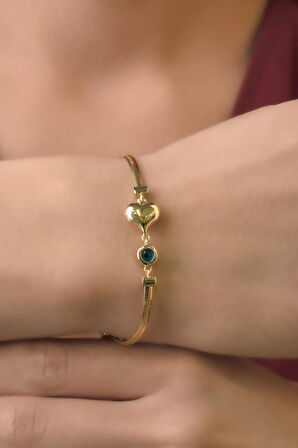 14 Ayar Altın Kalp ve Göz Detaylı İtalyan Balıksırtı Bileklik