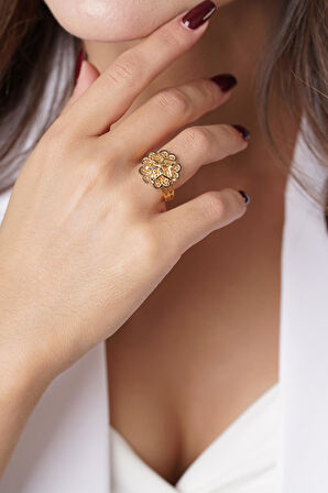 14 Ayar Altın Gül Motifli Telkari Yüzük - Anne Yüzüğü