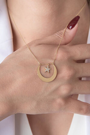 14 Ayar Altın Ters Ay Yıldız Kolye