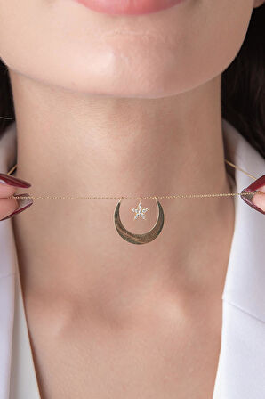 14 Ayar Altın Ters Ay Yıldız Kolye