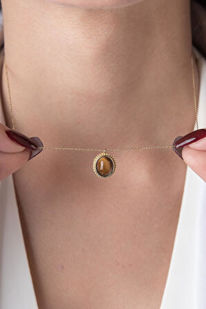 14 Ayar Altın Kaplan Gözü Doğal Taş Kolye