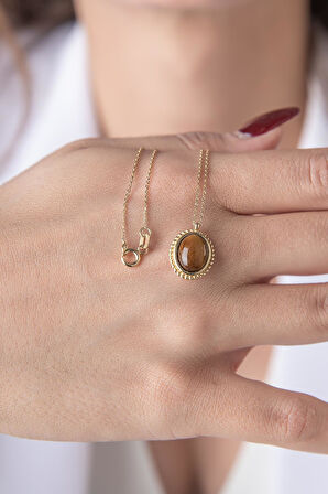 14 Ayar Altın Kaplan Gözü Doğal Taş Kolye