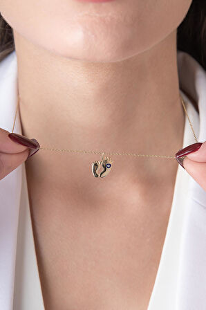 14 Ayar Altın Nazarlık Detaylı Bebek Ayak İzi Kolye