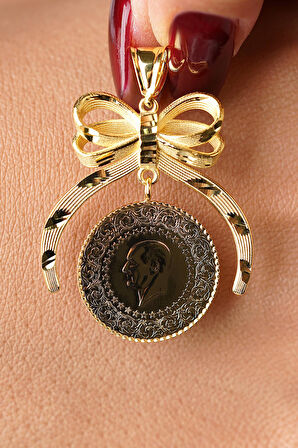 14 Ayar Altın Kalem İşlemeli Fiyonklu Çeyrek Altın Kolye Ucu