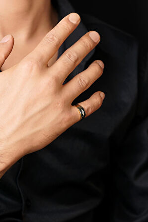 14 Ayar Altın Siyah Mineli Dikdörtgen Şövalye Yüzük Erkek