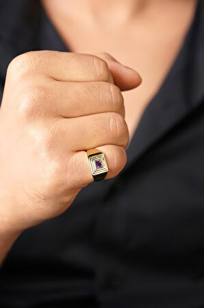 14 Ayar Altın Kare Şeritli Ametist Taş Erkek Yüzük