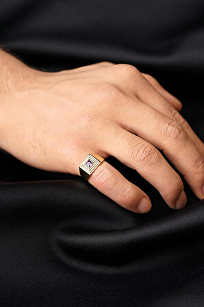 14 Ayar Altın Kare Şeritli Ametist Taş Erkek Yüzük