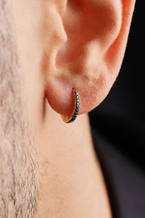 14 Ayar Altın Siyah Taşlı Süzme Erkek Halka Küpe