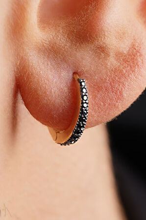 14 Ayar Altın Siyah Taşlı Süzme Erkek Halka Küpe