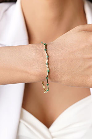 14 Ayar Altın Zümrüt Taşlı Modern Zikzak Bileklik