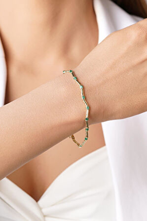 14 Ayar Altın Zümrüt Taşlı Modern Zikzak Bileklik