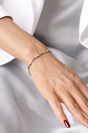 14 Ayar Altın Safir Taşlı Modern Zikzak Bileklik