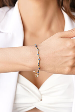 14 Ayar Altın Safir Taşlı Modern Zikzak Bileklik