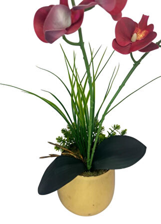 Yapay Çiçek Bordo Islak Orkide Gold Metal Saksıda Saksıda Orkide 50cm
