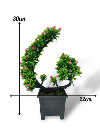 Yapay Çiçek Bonsai Ağacı Pembe Eğik Model Dekoratif Yapay Ağaç Bonzai 30*22 CM Siyah Kare Saksıda