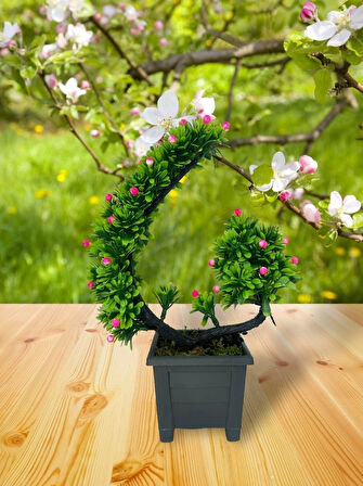 Yapay Çiçek Bonsai Ağacı Pembe Eğik Model Dekoratif Yapay Ağaç Bonzai 30*22 CM Siyah Kare Saksıda