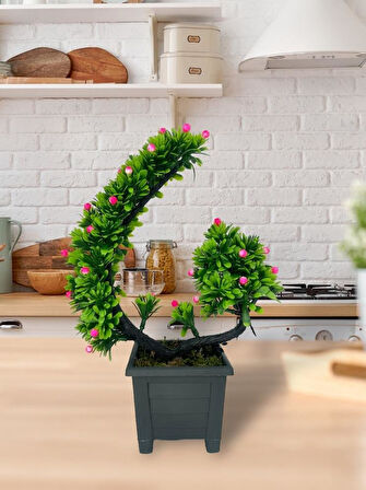 Yapay Çiçek Bonsai Ağacı Pembe Eğik Model Dekoratif Yapay Ağaç Bonzai 30*22 CM Siyah Kare Saksıda
