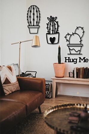 Kaktüs Duvar Dekoru + Hug Me 3 lü Kaktüs Duvar Süsü Kaktüs Tablosu