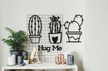 Kaktüs Duvar Dekoru + Hug Me 3 lü Kaktüs Duvar Süsü Kaktüs Tablosu
