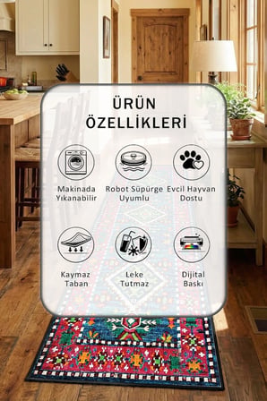 Ruhsar Siyah Mutfak Halısı Yıkanabilir Kaymaz Leke Tutmaz Dijital Baskı