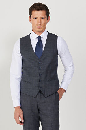 Erkek Lacivert-gri Slim Fit Dar Kesim Mono Yaka Kareli Yelekli Klasik Takım Elbise