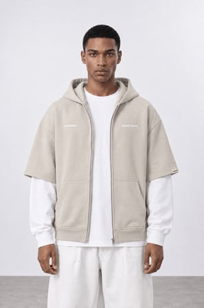 Erkek Not Minimalist Baskılı Double Sleeve Oversize Zip Bej