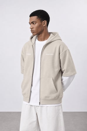 Erkek Not Minimalist Baskılı Double Sleeve Oversize Zip Bej