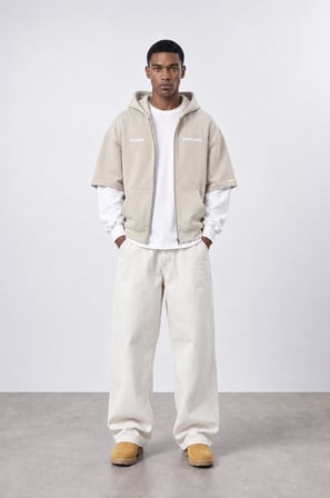 Erkek Not Minimalist Baskılı Double Sleeve Oversize Zip Bej