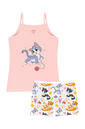 Öts Kız Çocuk Atlet Boxer Likralı Somon Kedi (%96 Pamuk - %4 Elastan)