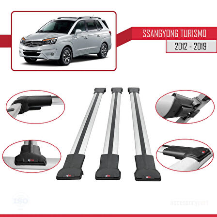 Ssangyong Turismo 2012-2019 Arası ile Uyumlu FLY Model Ara Atkı Tavan Barı Gri 3 Adet