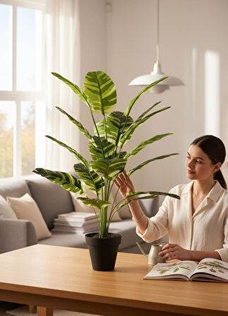 Yapay Çiçek Çizgili Muz Yapraklı Alaca Starliçe Salon Çiçeği 18Dal 80*50cm Yapay Bitki