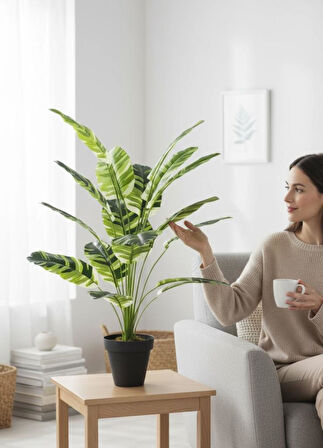 Yapay Çiçek Çizgili Muz Yapraklı Alaca Starliçe Salon Çiçeği 18Dal 80*50cm Yapay Bitki