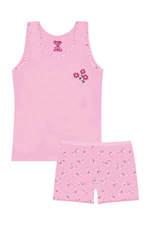 Öts Kız Çocuk Atlet Boxer Likralı Pembe Çiçekli (%96 Pamuk - %4 Elastan)