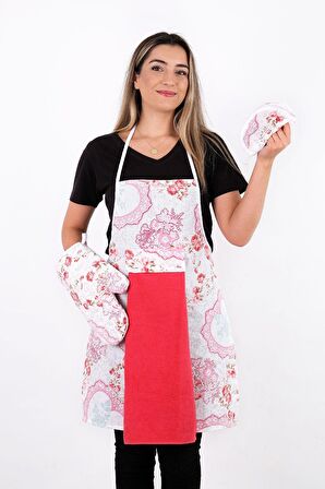 Flower 4lü Set Mutfak Önlüğü Havlulu Mutfak Önlüğü Fırın Eldiveni Ve Tutacak
