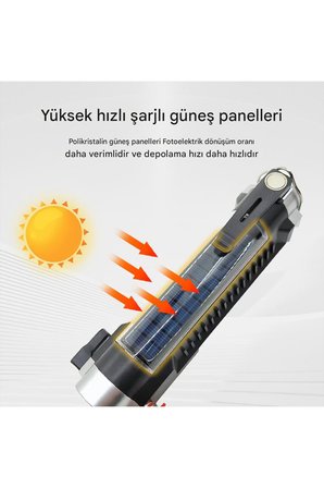 Oto Araç Acil Durum Kamp El Feneri Güneş Enerjli Ledli 15w Şarjlı Mıknatıslı Askılı Su Geçirmez