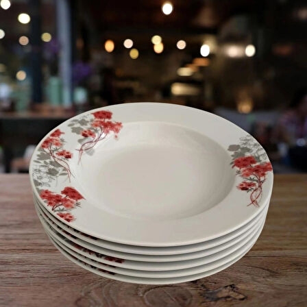 Gür al Porselen Çiçek Desenli 6 Adet 23 cm Çukur Tabak