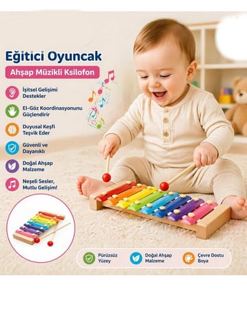 Ksilofon Bebek Ahşap Müzik Aleti 8 Nota 8 Ton 8 Tuşlu Oyuncak Selefon-ksilefon Bebek Oyuncak