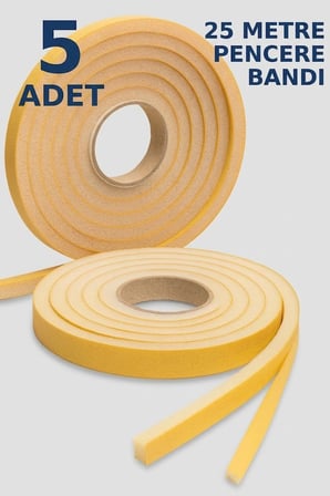  5 Adet x 5 mt= 25 METRE Yapışkanlı Pencere Bandı Soğuk ve Toz Geçirmez İzolasyon Isı Yalıtım Sünger