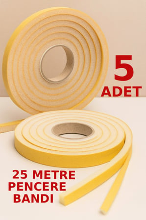  5 Adet x 5 mt= 25 METRE Yapışkanlı Pencere Bandı Soğuk ve Toz Geçirmez İzolasyon Isı Yalıtım Sünger