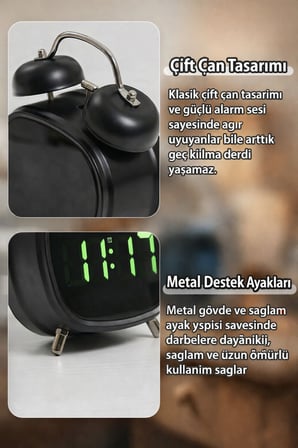 Yüksek Sesli Çalar Saat Çift Çanlı Led Ekranlı Alarm Saat Masaüstü Dekoratif Saat ( Sessiz Çalışma Ö
