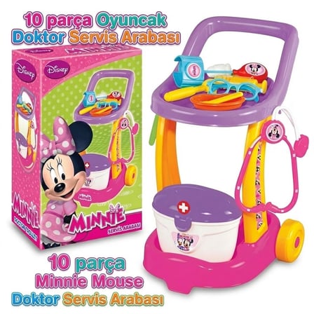 10 Parça Minnie Mouse Doktor Seti Oyuncak Servis Arabası Aksesuarlı Set