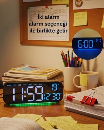 Büyük LED Dijital Çalar Saat RGB Renkli Gece Lambası Saat Tarih Gün Sıcaklık Göstergeli Masa ve Yata