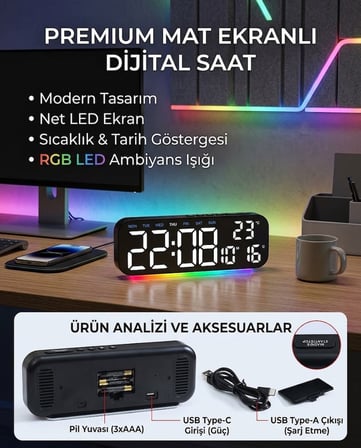 Büyük LED Dijital Çalar Saat RGB Renkli Gece Lambası Saat Tarih Gün Sıcaklık Göstergeli Masa ve Yata