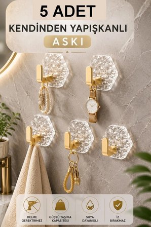 5 Adet Süper Güçlü Yapışkanlı Suya Dayanıklı Şeffaf Askı Çok Amaçlı Askı Banyo Askı  Mutfak Askı