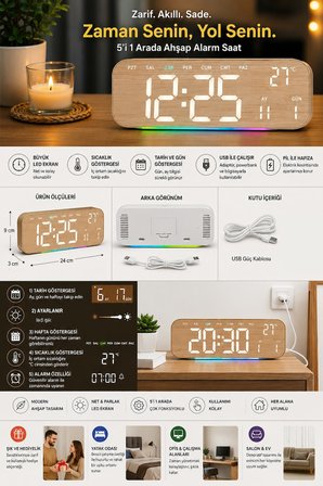 Büyük Ekranlı Ahşap Desenli Dijital Masa Saati 24x9x3 Cm Alarm Çalar Saat Rgb Renkli Led Işıklı Usb 